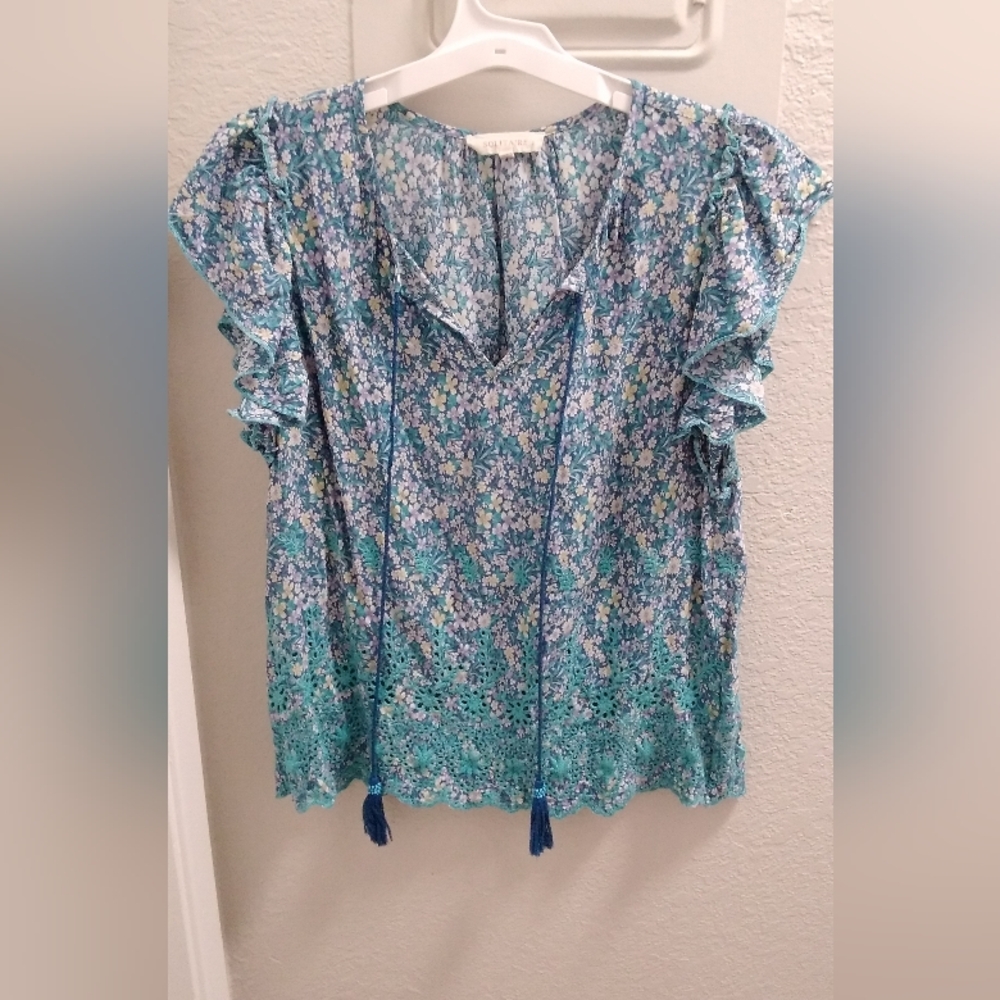 Solitaire Top Shirt Womens Large Boho Cottage Rayon Blue Floral Ruffle Blouse